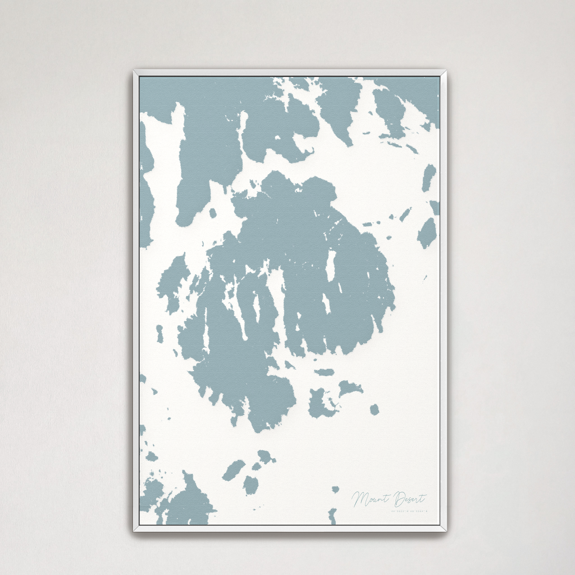 Mount Desert Coastal Map — Canvas Vertical, soft-blue, White Frame