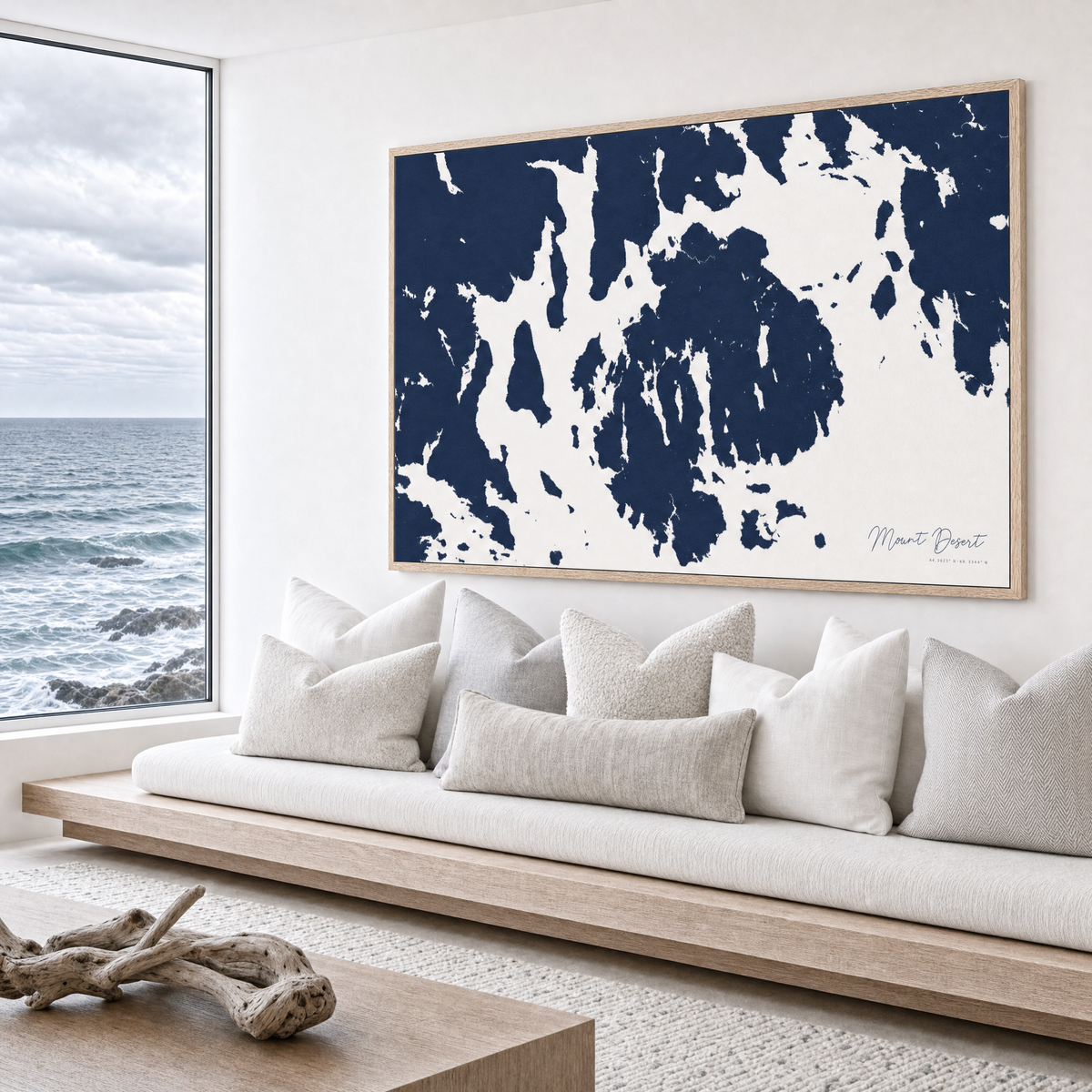 Mount Desert canvas map — sea-view bench interior
