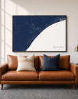 Myrtle Beach canvas map — two-pillow black-frame sofa interior
