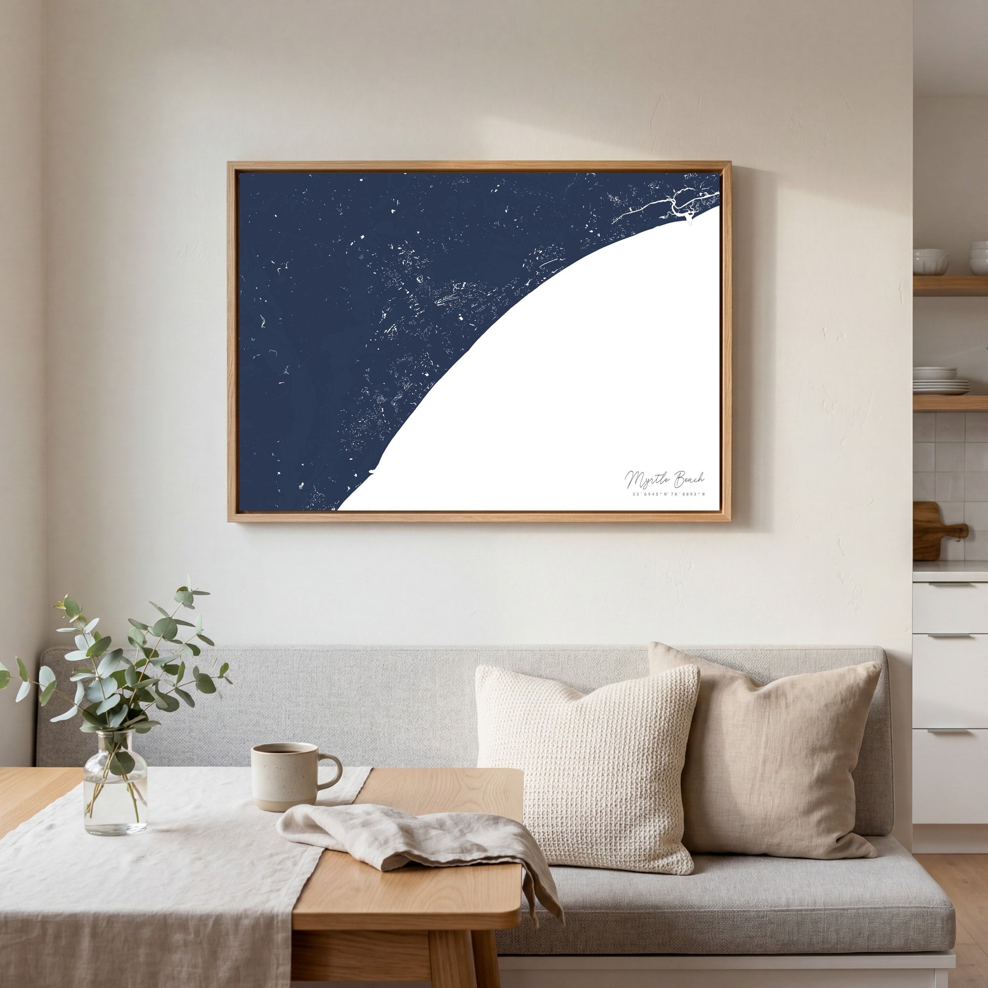 Myrtle Beach navy horizontal canvas map in an oak framed room scene