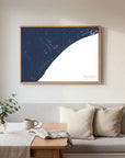 Myrtle Beach navy horizontal canvas map in an oak framed room scene