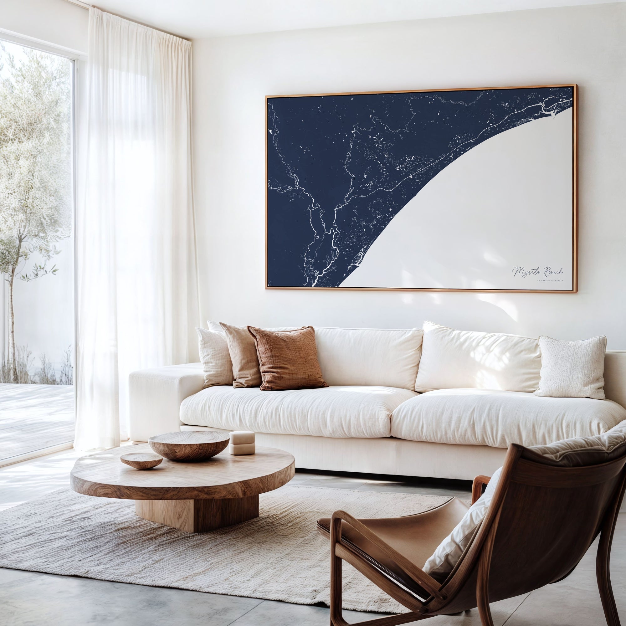 Myrtle Beach navy horizontal canvas map in an oak framed room scene