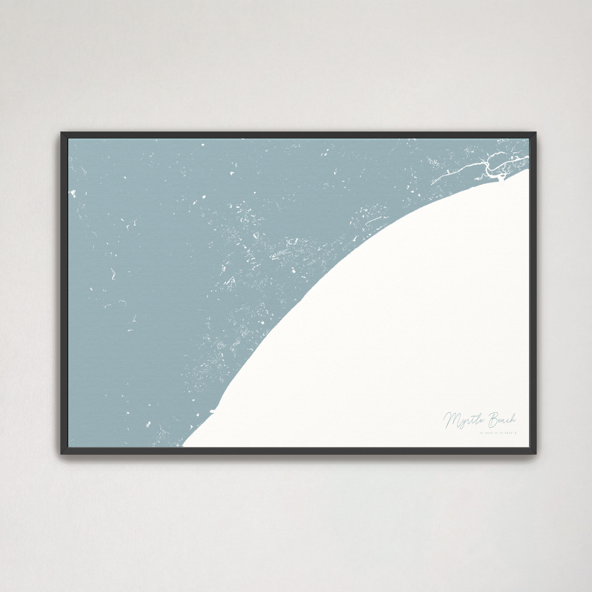Myrtle Beach Coastal Map — Canvas Horizontal, soft-blue, Black Frame