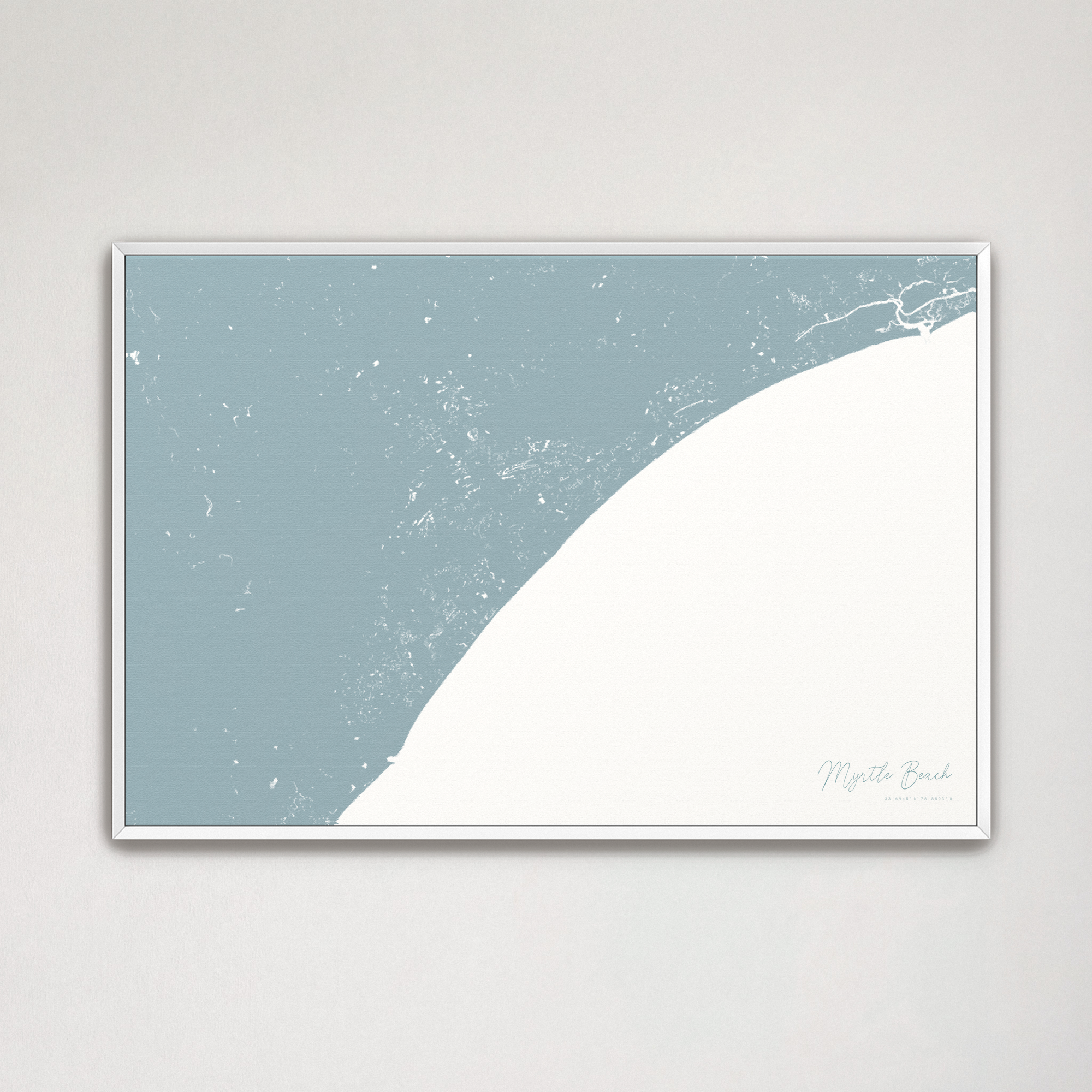 Myrtle Beach Coastal Map — Canvas Horizontal, soft-blue, White Frame