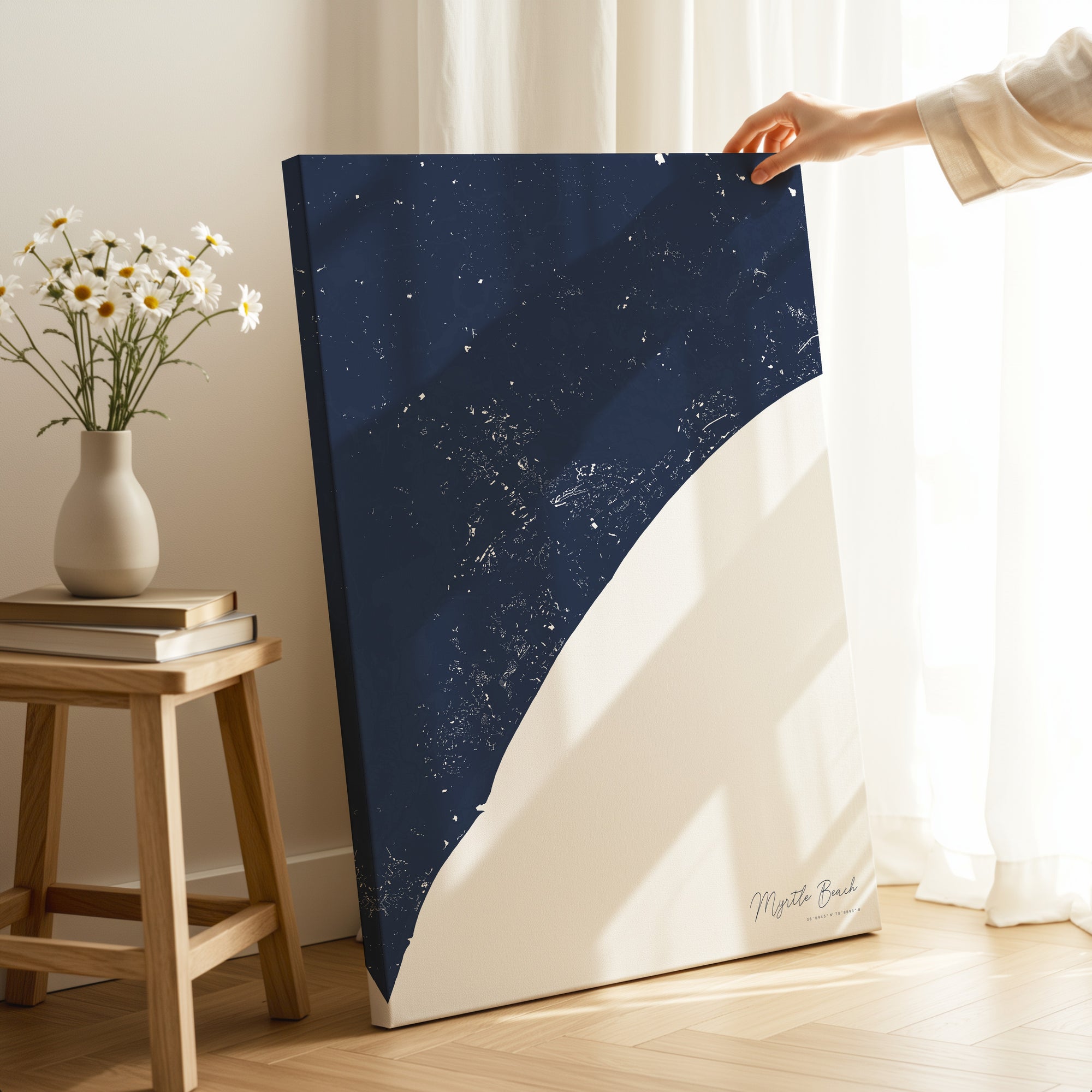 Myrtle Beach navy vertical wrapped canvas map in the ratio 2:3 hand mockup