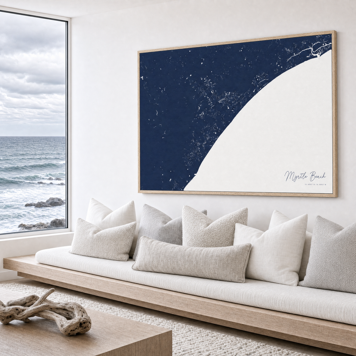 Myrtle Beach canvas map — sea-view bench interior
