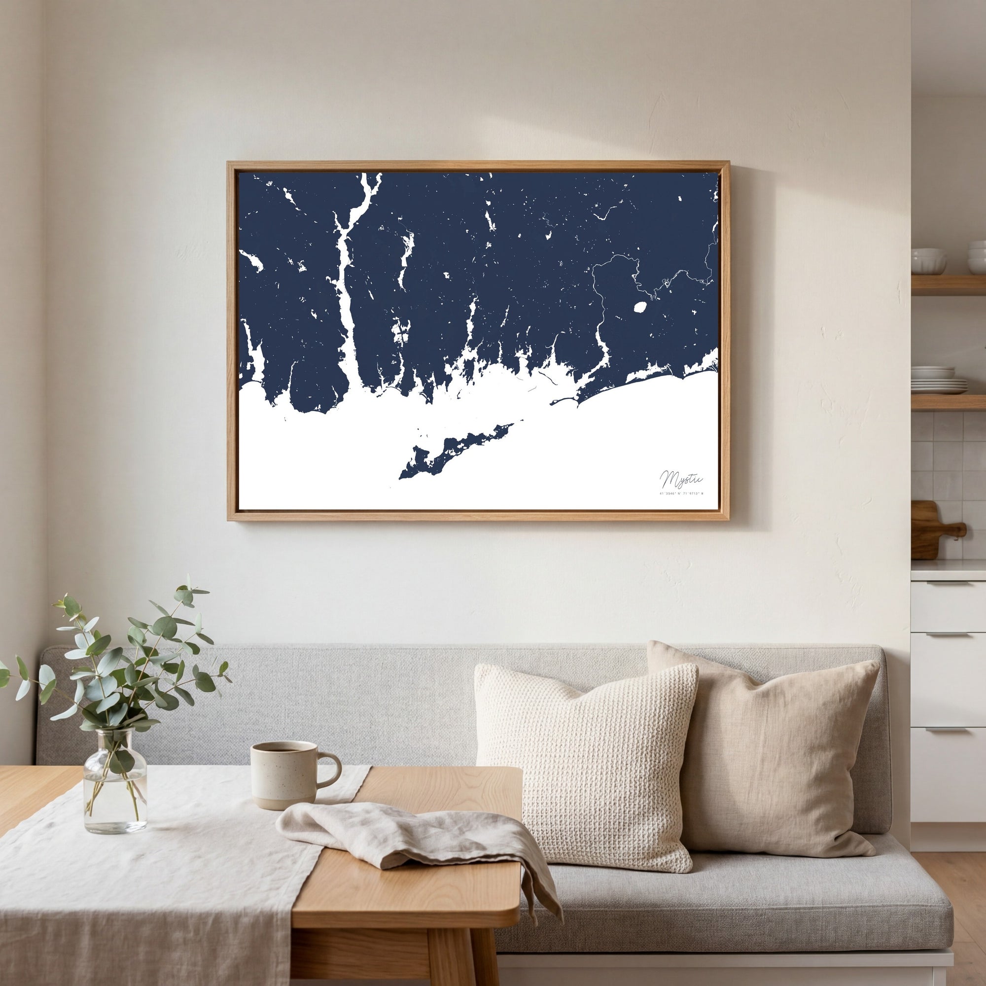 Mystic navy horizontal canvas map in an oak framed room scene
