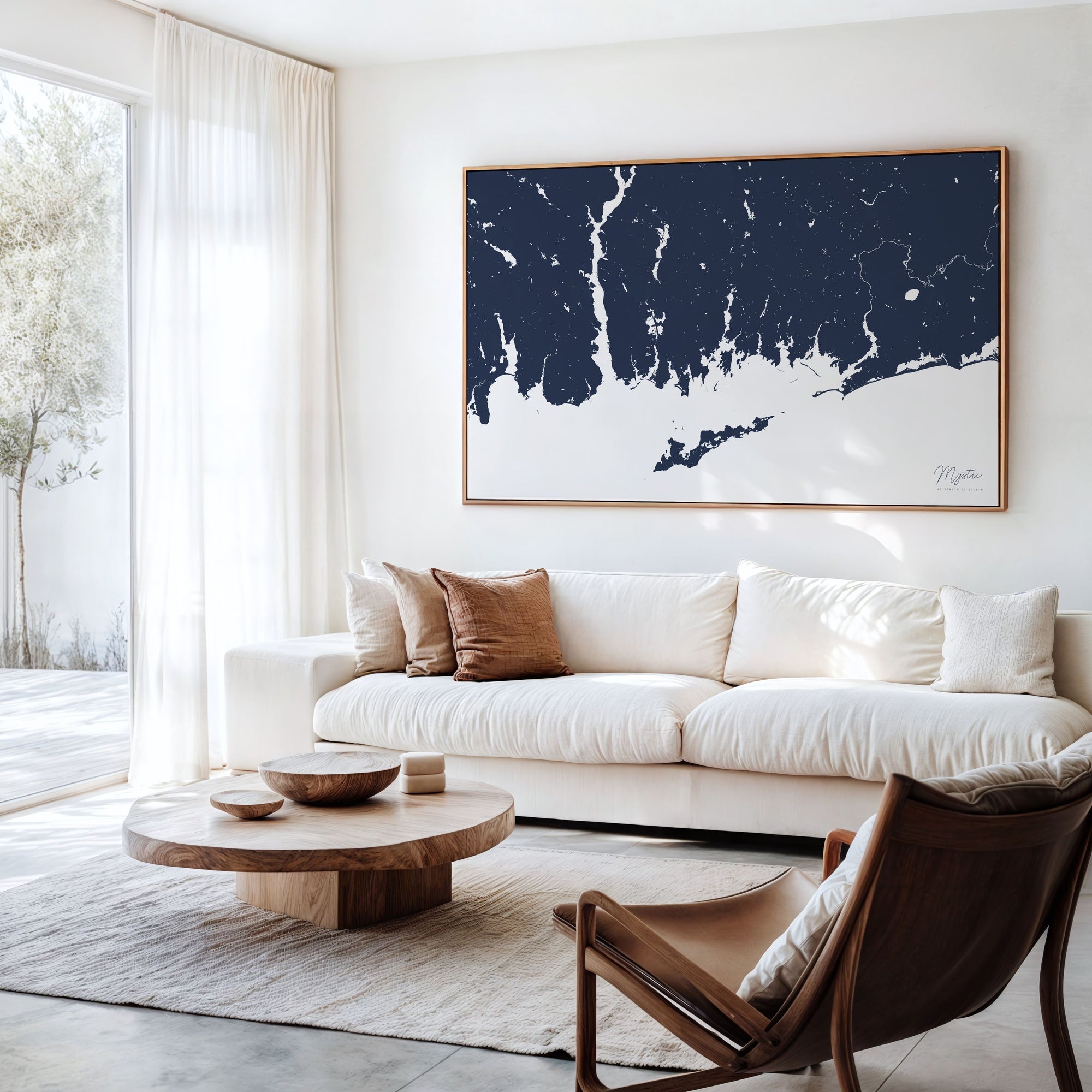 Mystic navy horizontal canvas map in an oak framed room scene