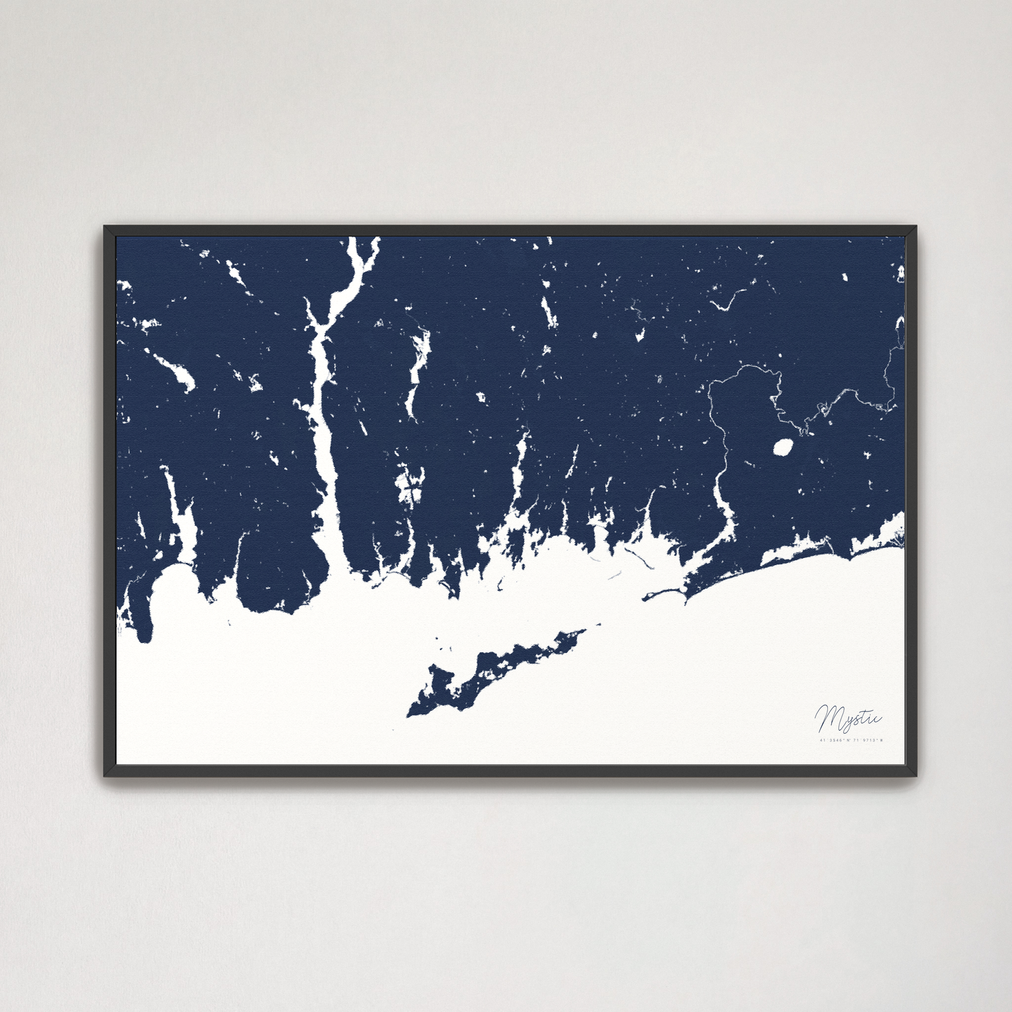 Mystic Coastal Map — Canvas Horizontal, navy, Black Frame
