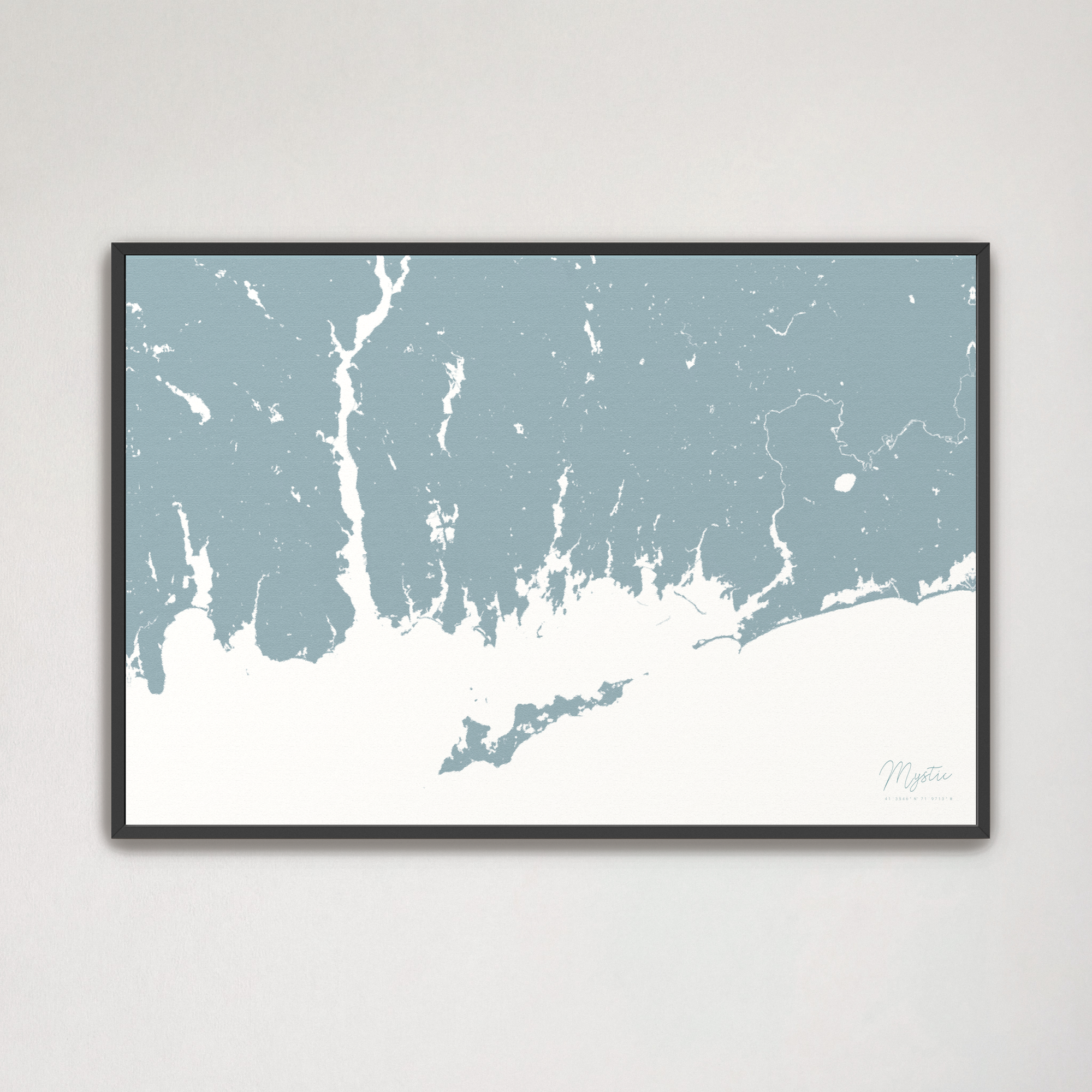 Mystic Coastal Map — Canvas Horizontal, soft-blue, Black Frame