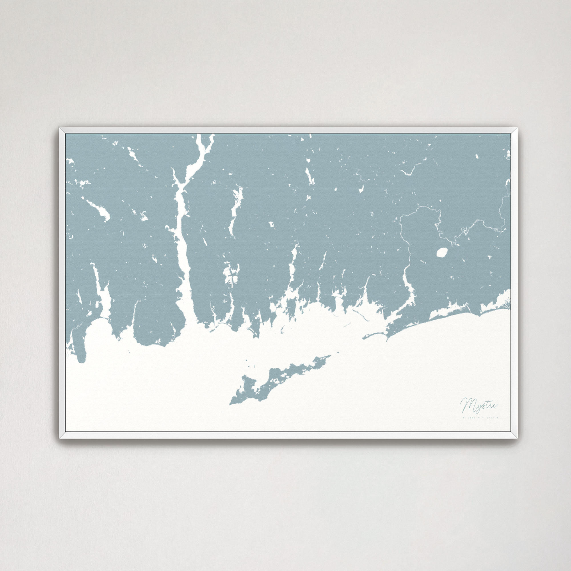Mystic Coastal Map — Canvas Horizontal, soft-blue, White Frame