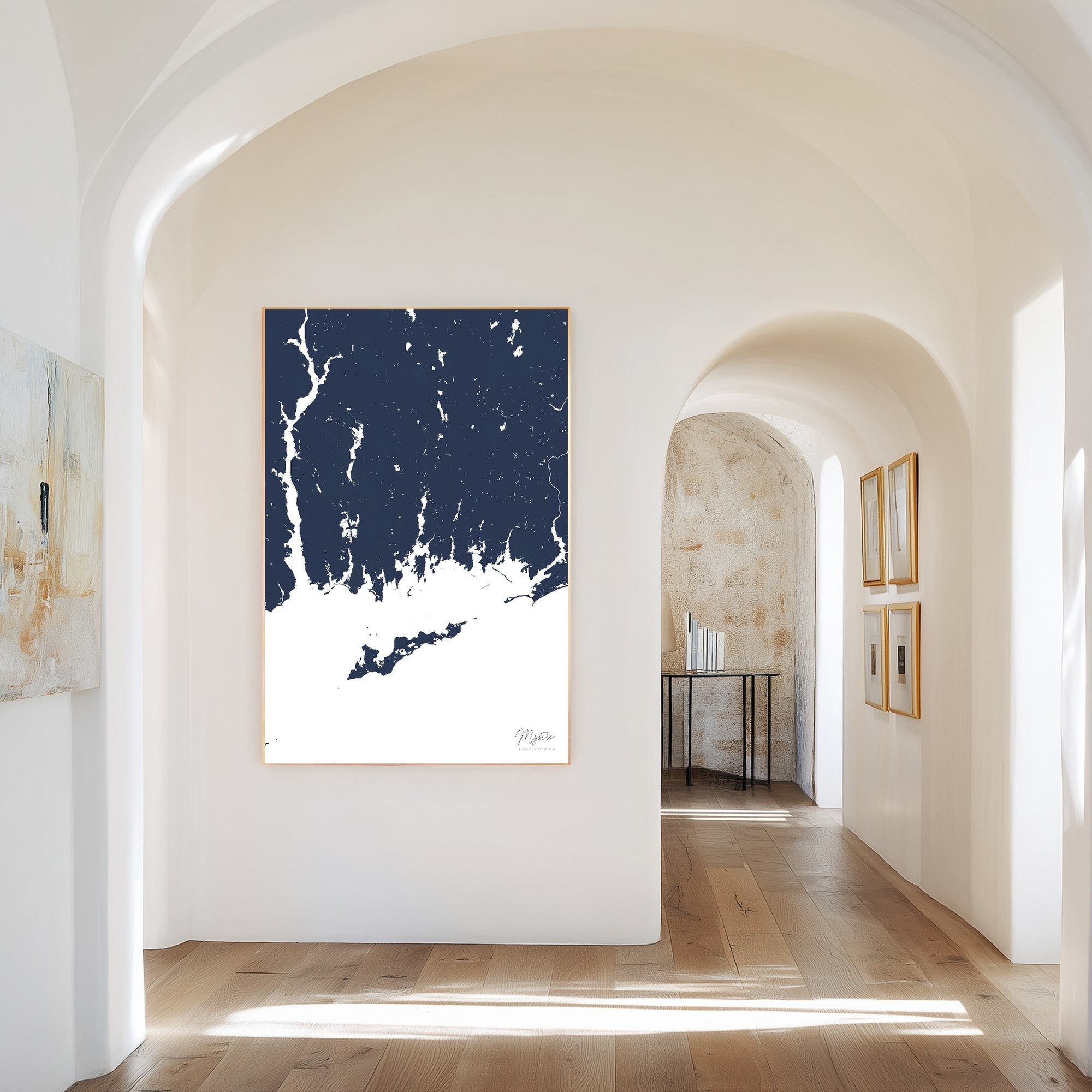 Mystic navy vertical canvas map in the Bello mixed room scene