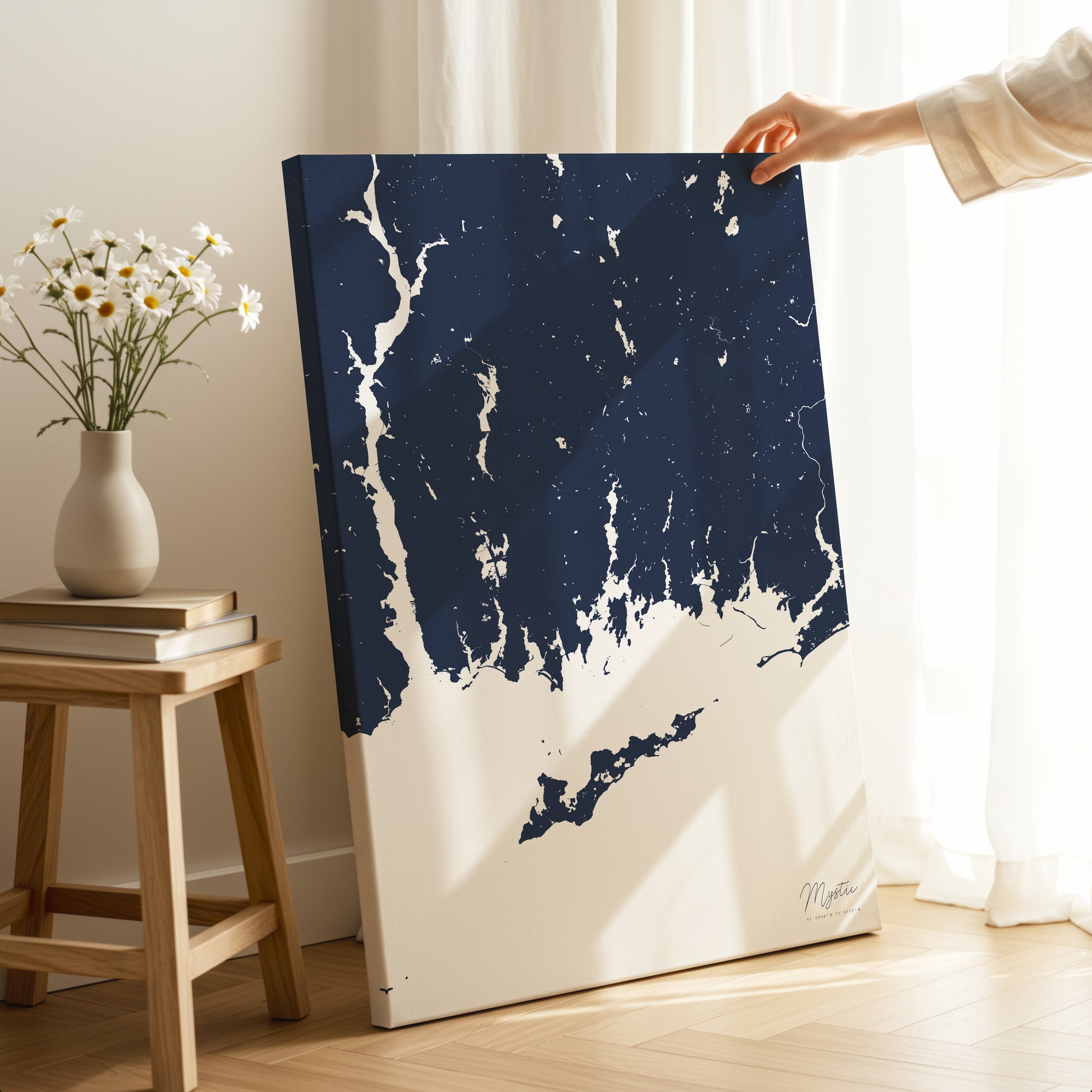 Mystic navy vertical wrapped canvas map in the ratio 2:3 hand mockup