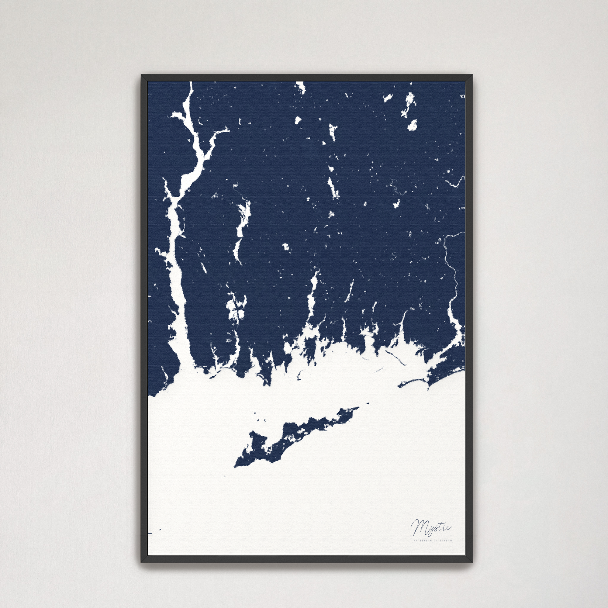 Mystic Coastal Map — Canvas Vertical, navy, Black Frame
