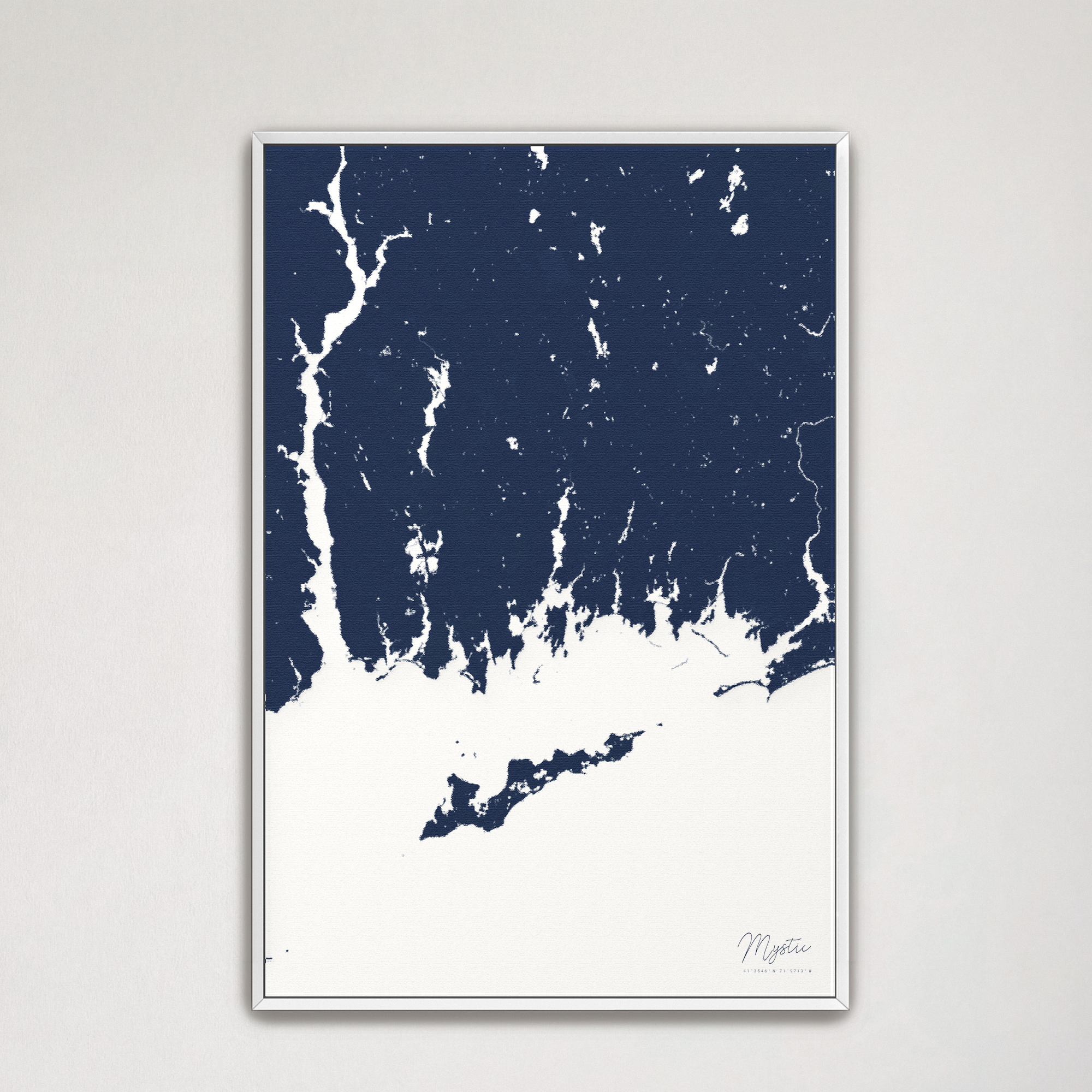 Mystic Coastal Map — Canvas Vertical, navy, White Frame