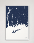 Mystic Coastal Map — Canvas Vertical, navy, White Frame