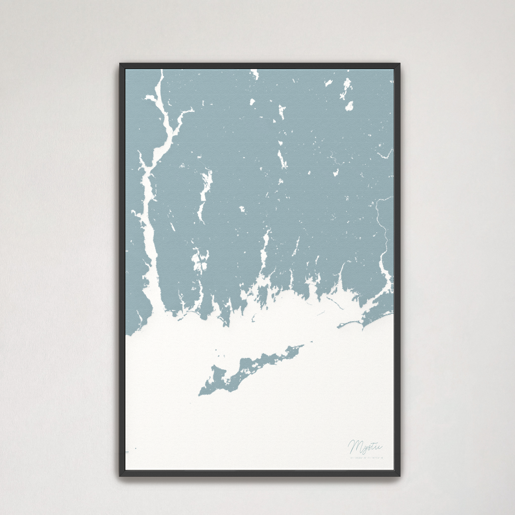 Mystic Coastal Map — Canvas Vertical, soft-blue, Black Frame