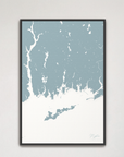 Mystic Coastal Map — Canvas Vertical, soft-blue, Black Frame