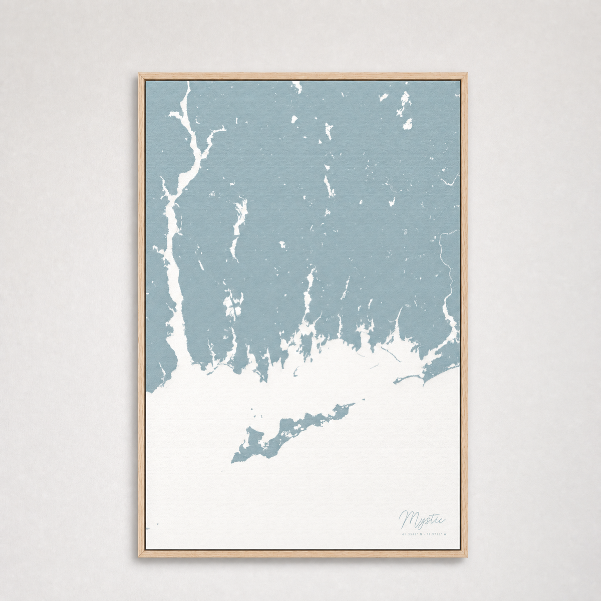 Mystic Coastal Map — Canvas Vertical — soft-blue, Light Wood