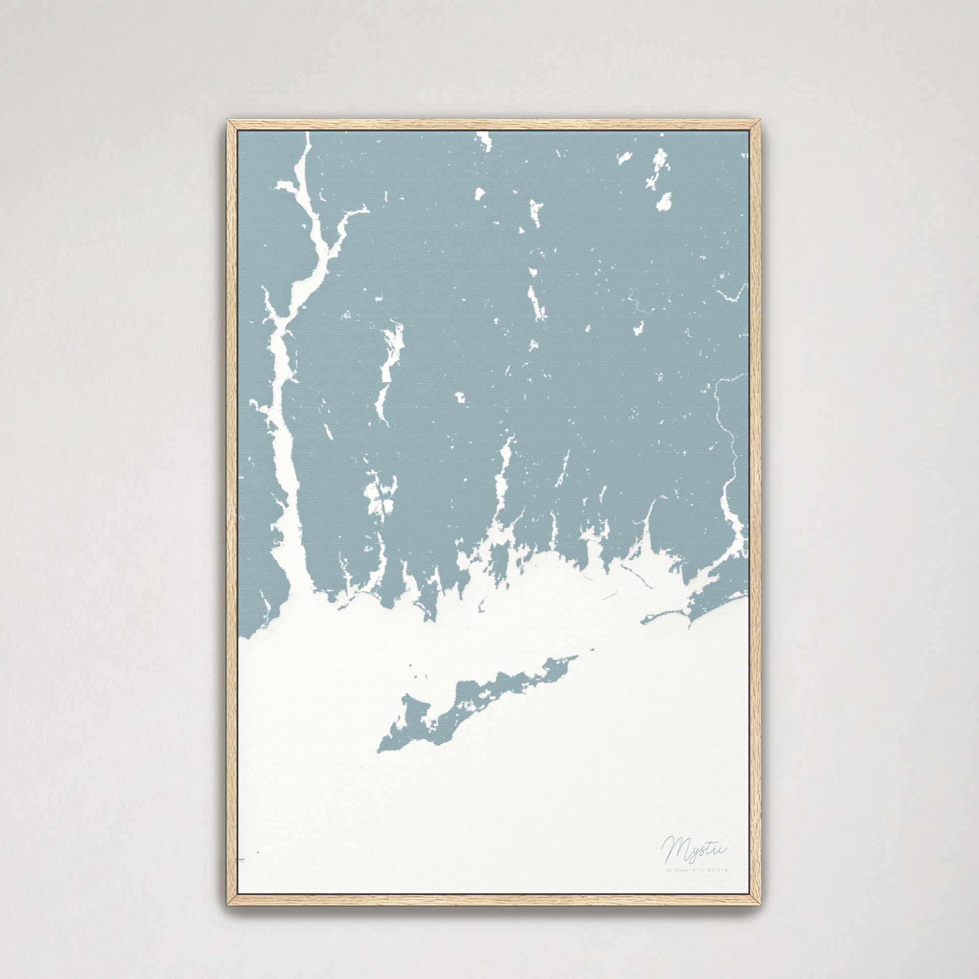 Mystic Coastal Map — Canvas Vertical, soft-blue, Natural Oak