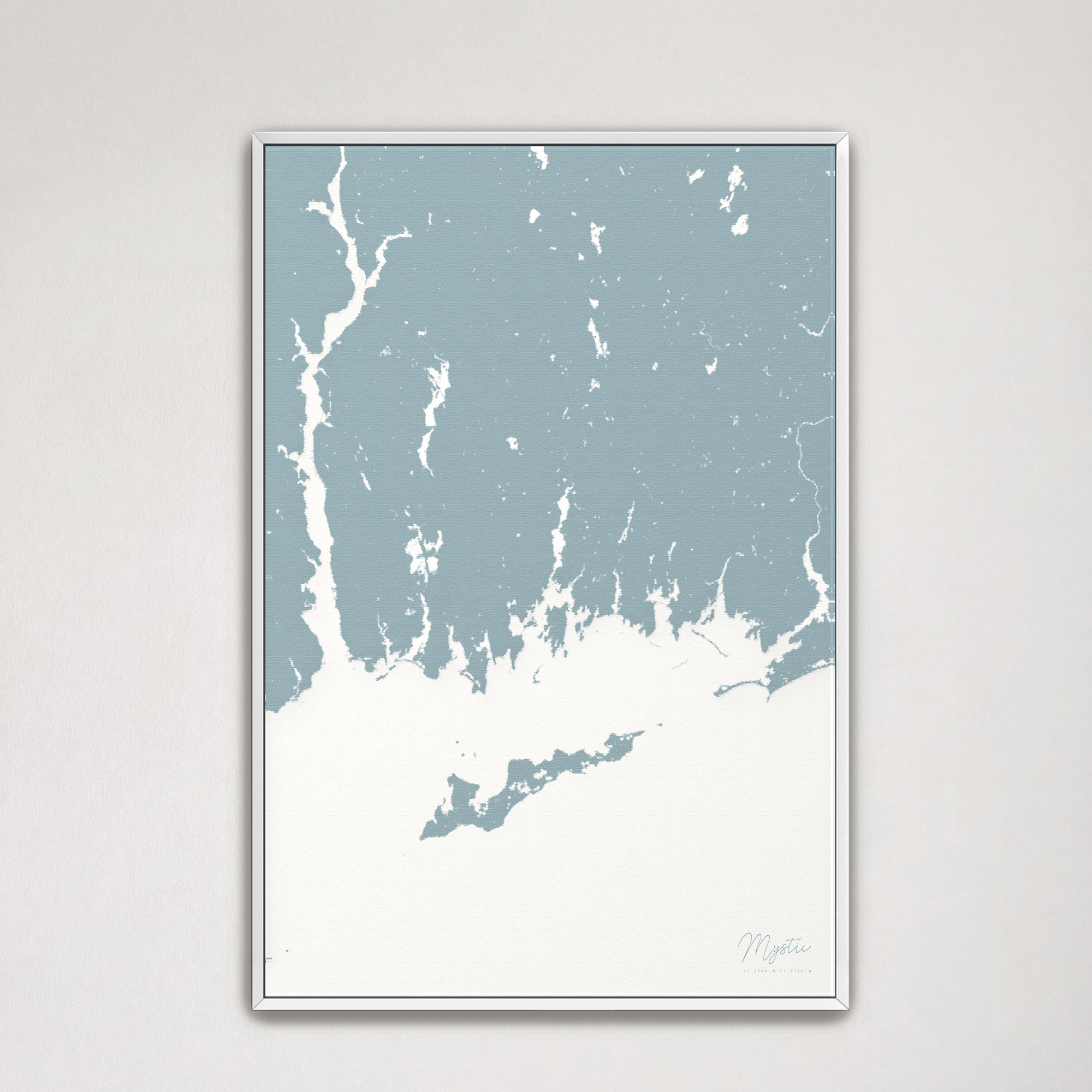 Mystic Coastal Map — Canvas Vertical, soft-blue, White Frame