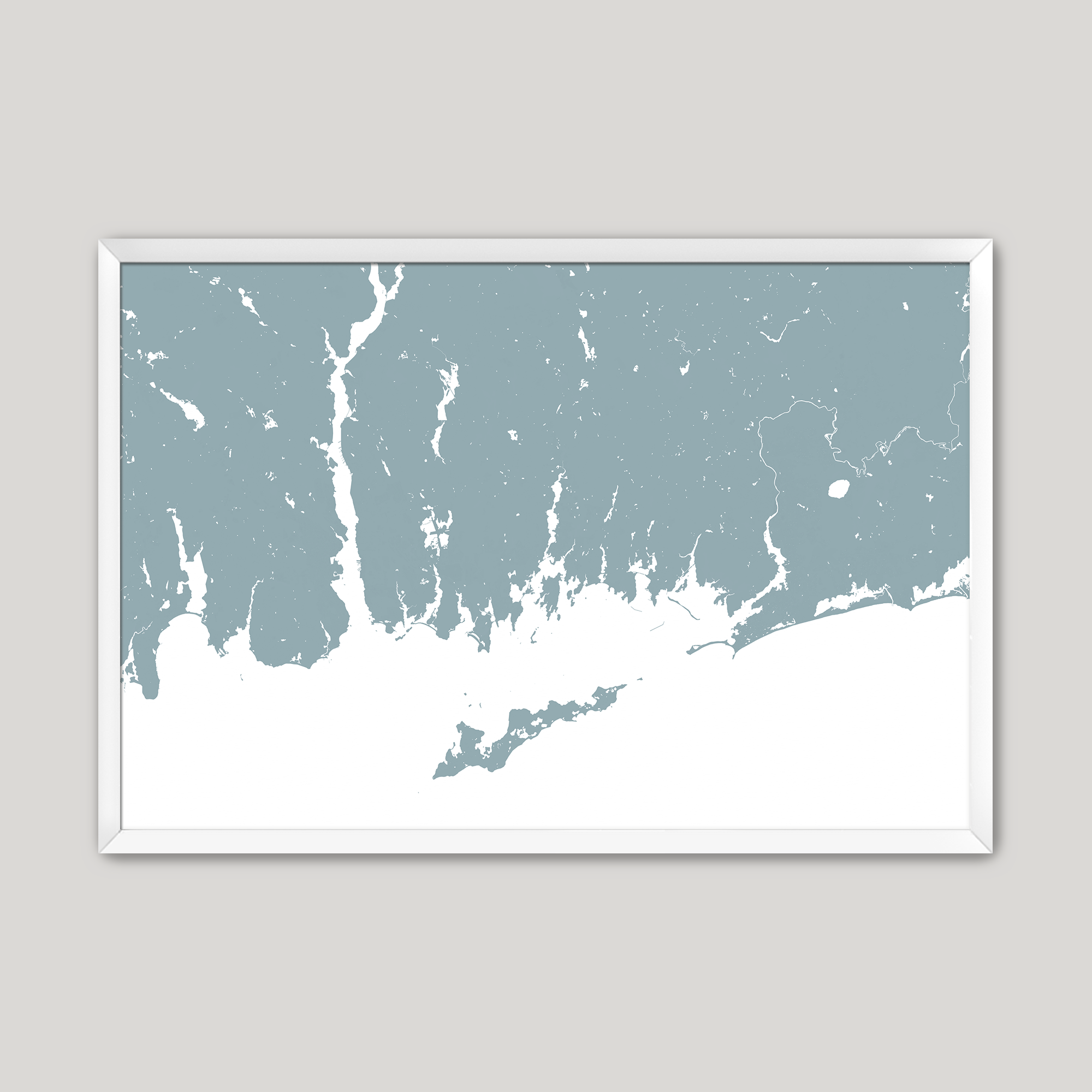 Mystic Coastal Map — Fine Art Print Horizontal, soft-blue, White Frame, 10x8