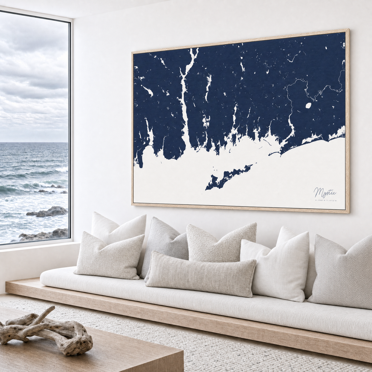 Mystic canvas map — sea-view bench interior