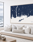 Mystic canvas map — sea-view bench interior