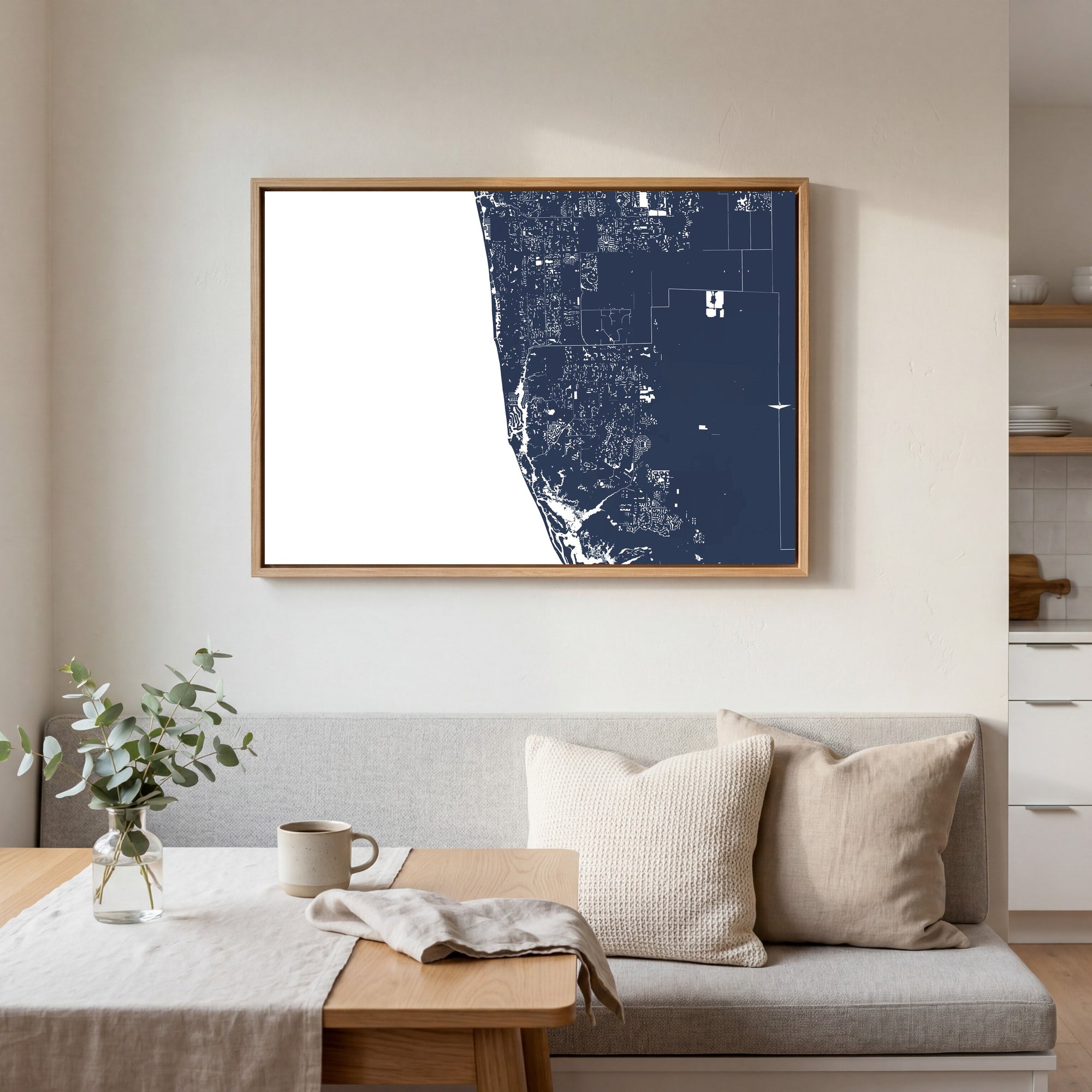 Naples navy horizontal canvas map in an oak framed room scene