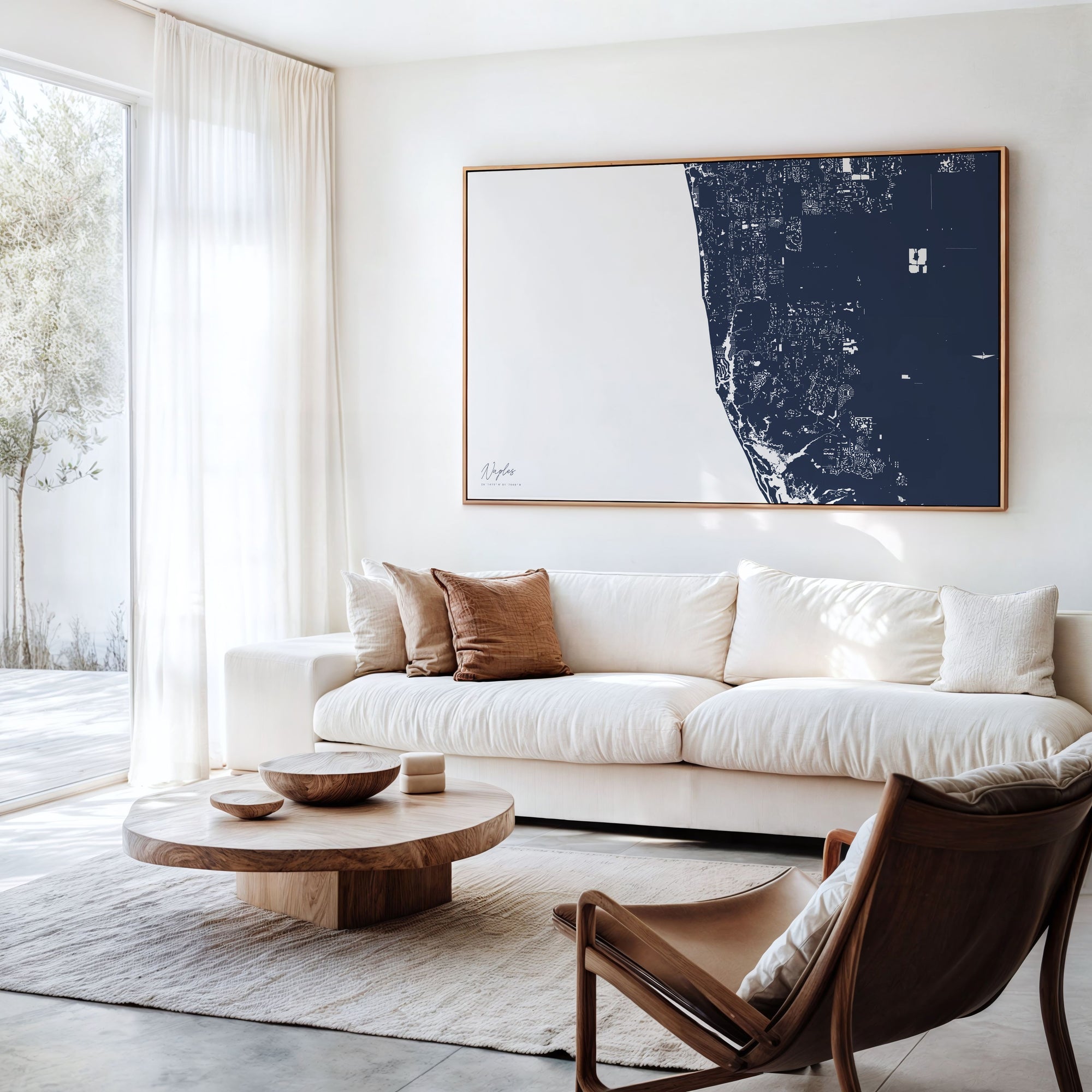 Naples navy horizontal canvas map in an oak framed room scene
