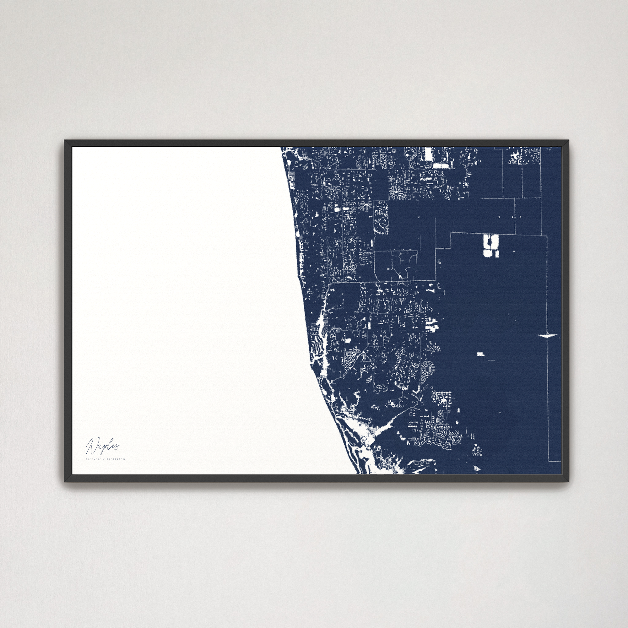 Naples Coastal Map — Canvas Horizontal, navy, Black Frame