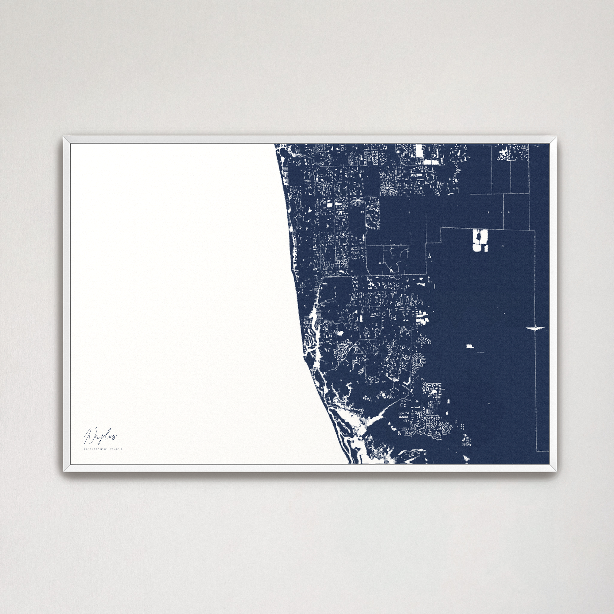 Naples Coastal Map — Canvas Horizontal, navy, White Frame