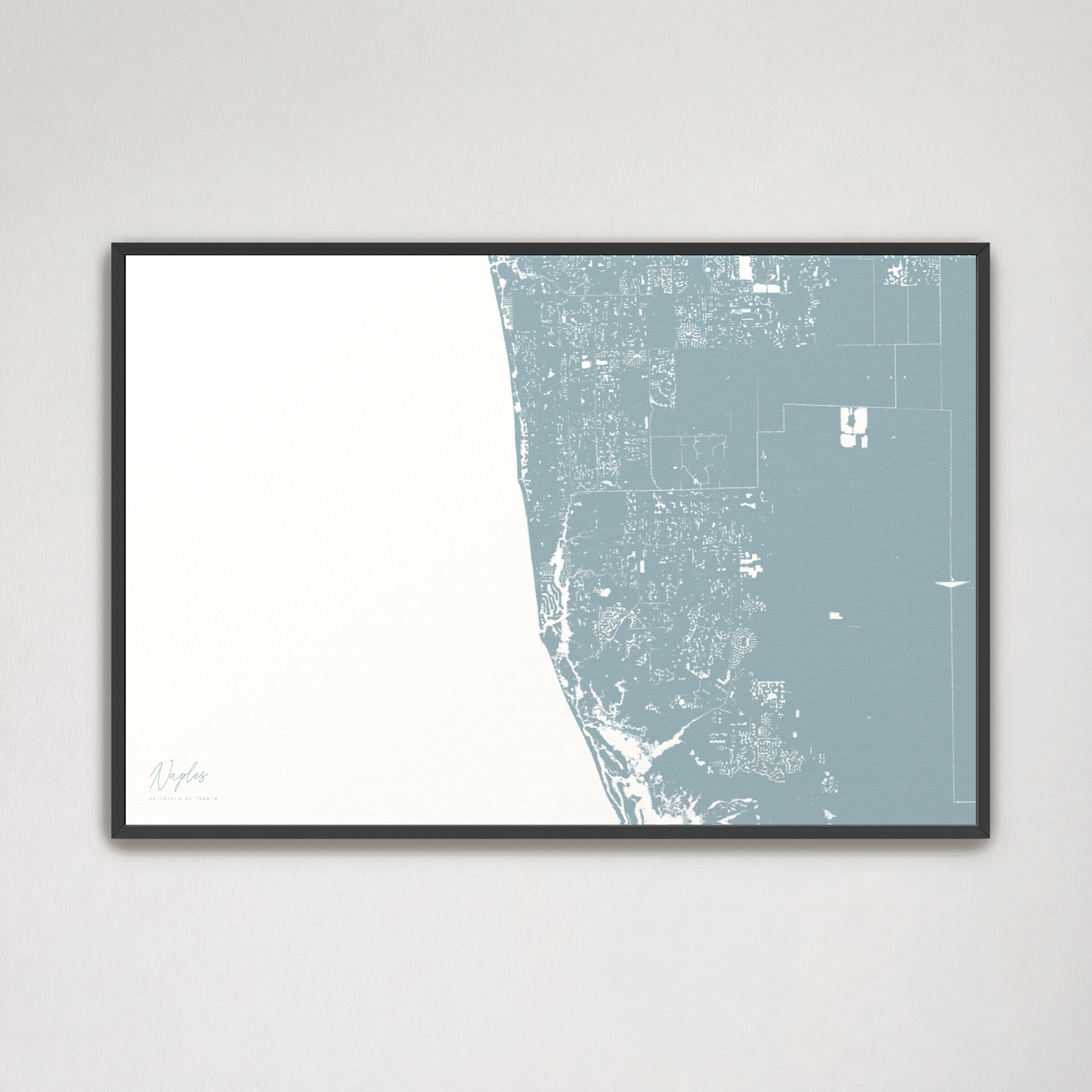 Naples Coastal Map — Canvas Horizontal, soft-blue, Black Frame