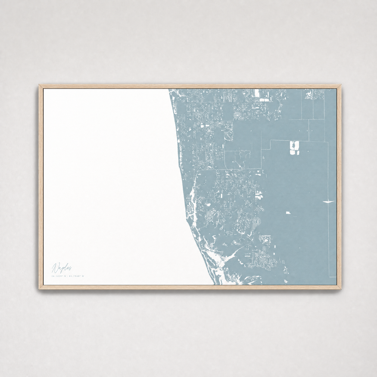 Naples Coastal Map — Canvas Horizontal — soft-blue, Light Wood
