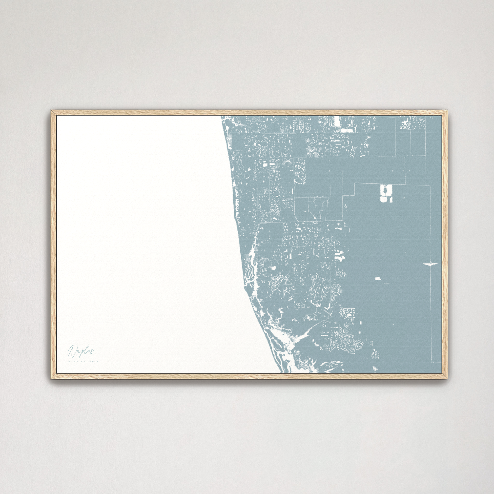 Naples Coastal Map — Canvas Horizontal, soft-blue, Natural Oak