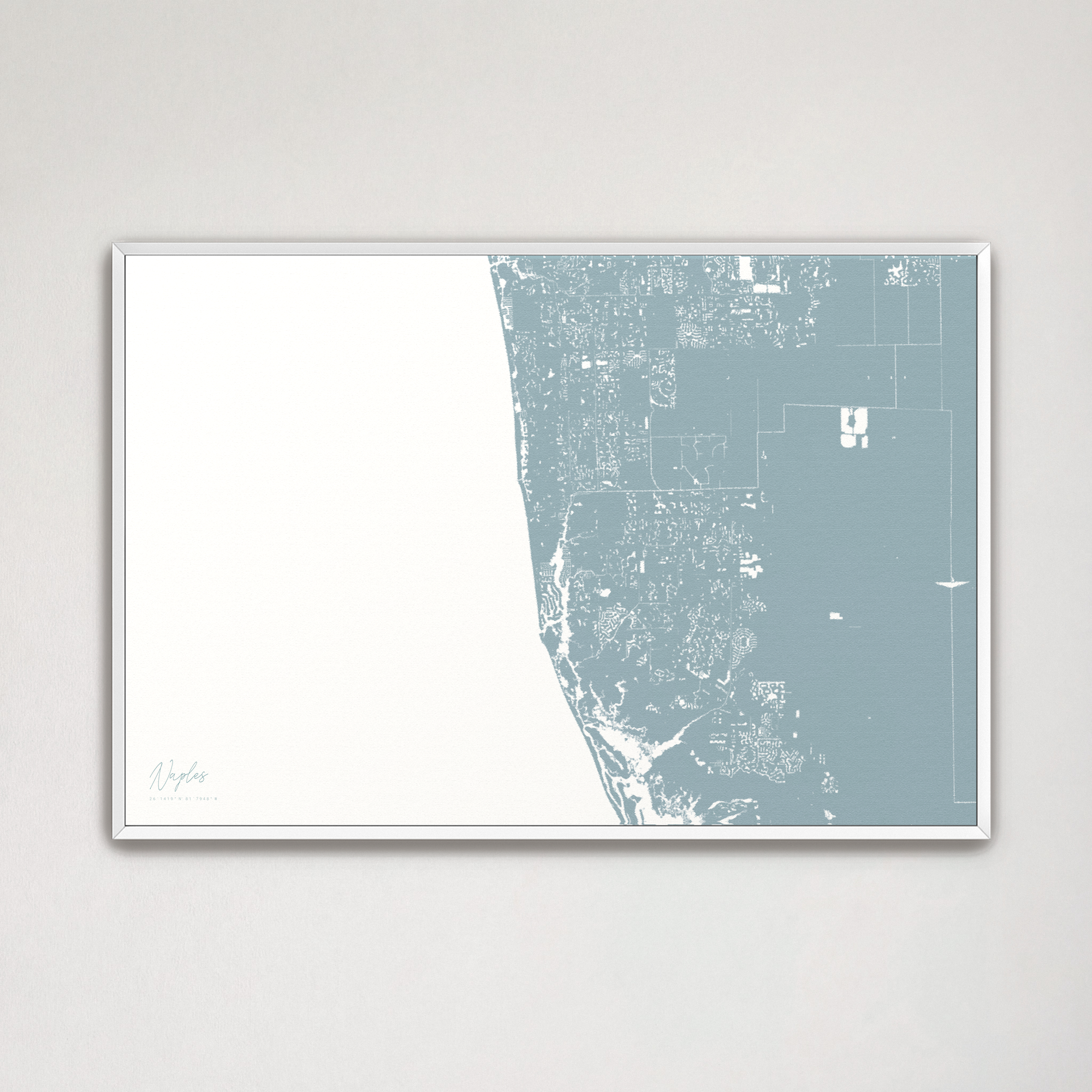 Naples Coastal Map — Canvas Horizontal, soft-blue, White Frame