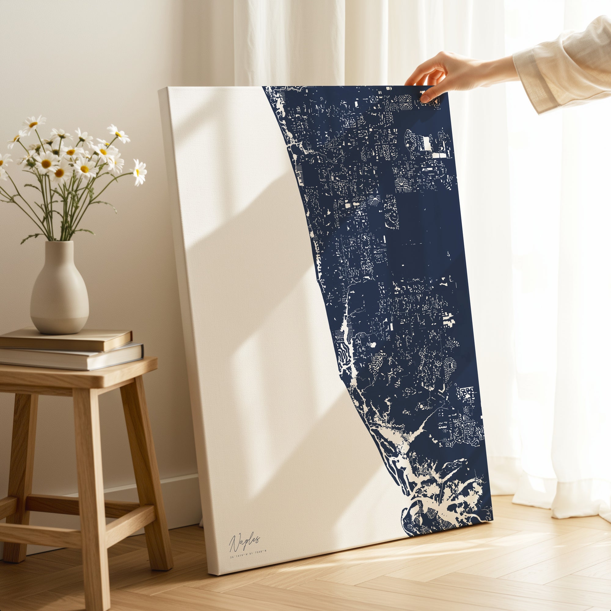 Naples navy vertical wrapped canvas map in the ratio 2:3 hand mockup