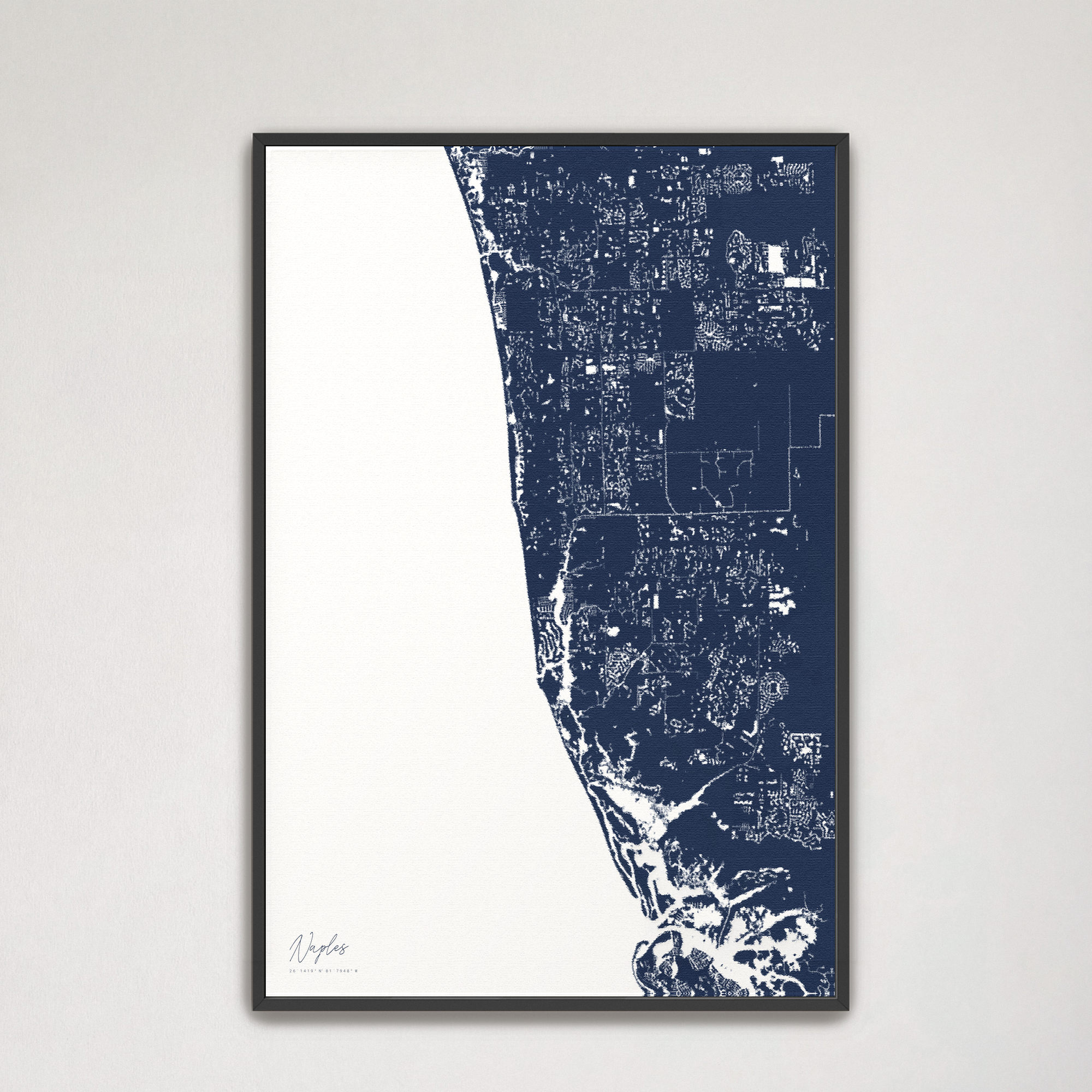 Naples Coastal Map — Canvas Vertical, navy, Black Frame