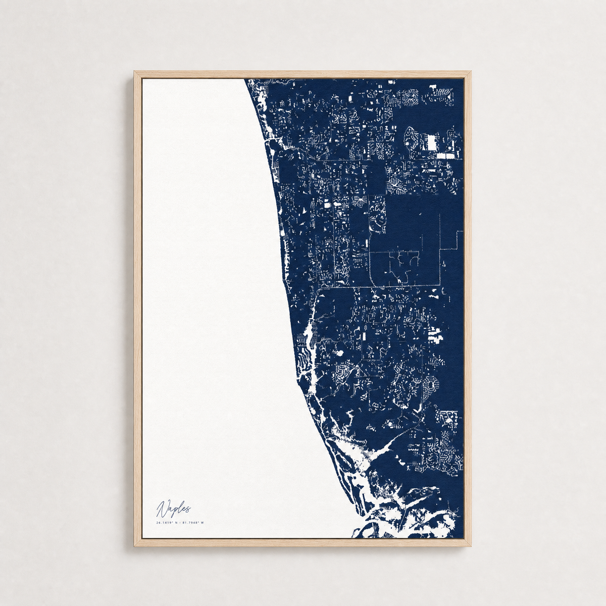Naples Coastal Map — Canvas Vertical — navy, Light Wood
