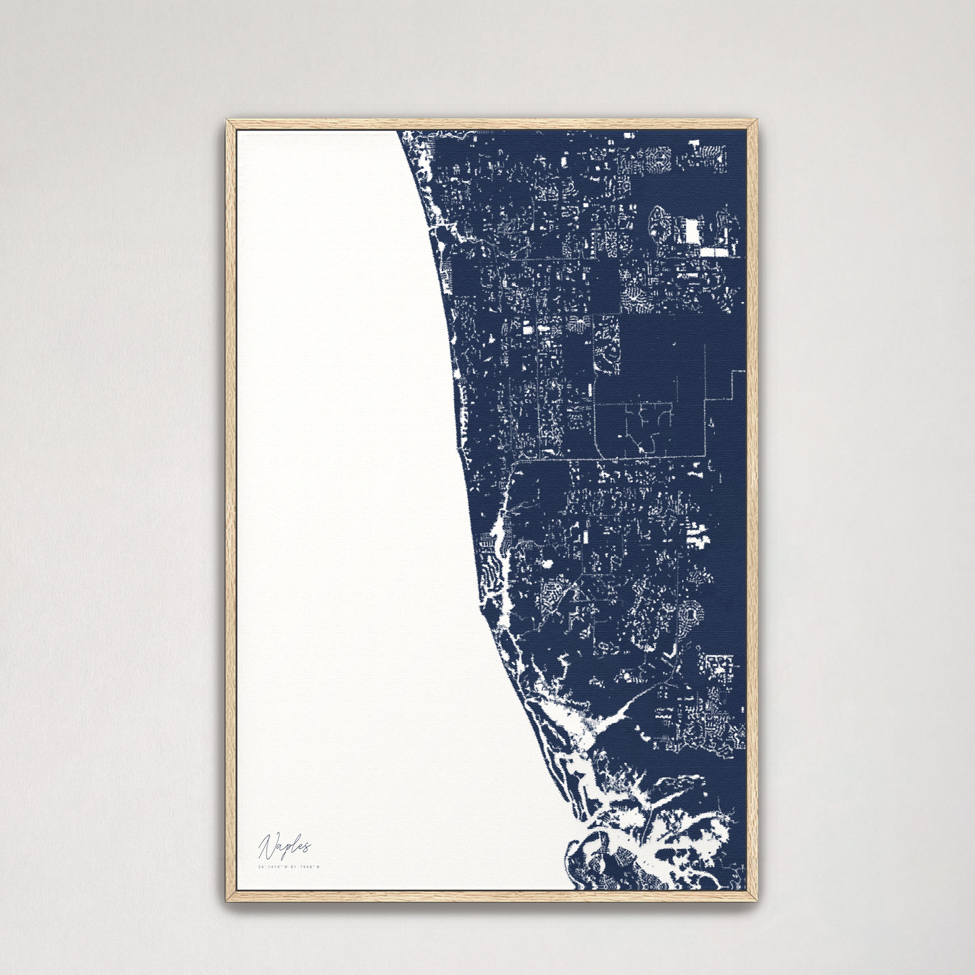 Naples Coastal Map — Canvas Vertical, navy, Natural Oak