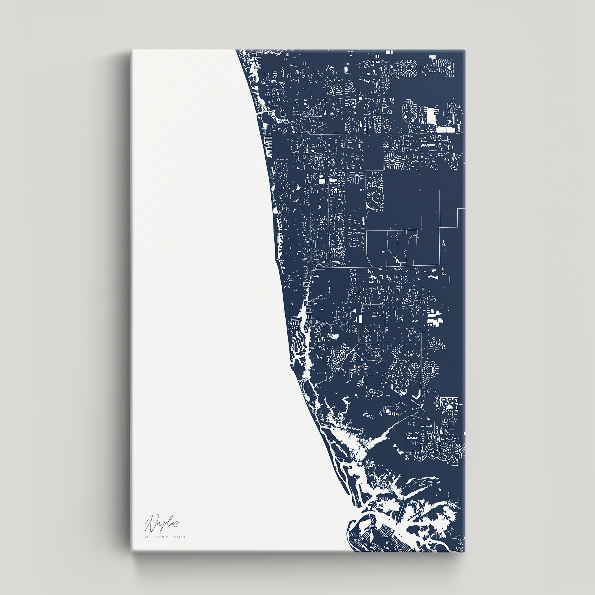 Naples Coastal Map — Canvas Vertical, navy, No Frame