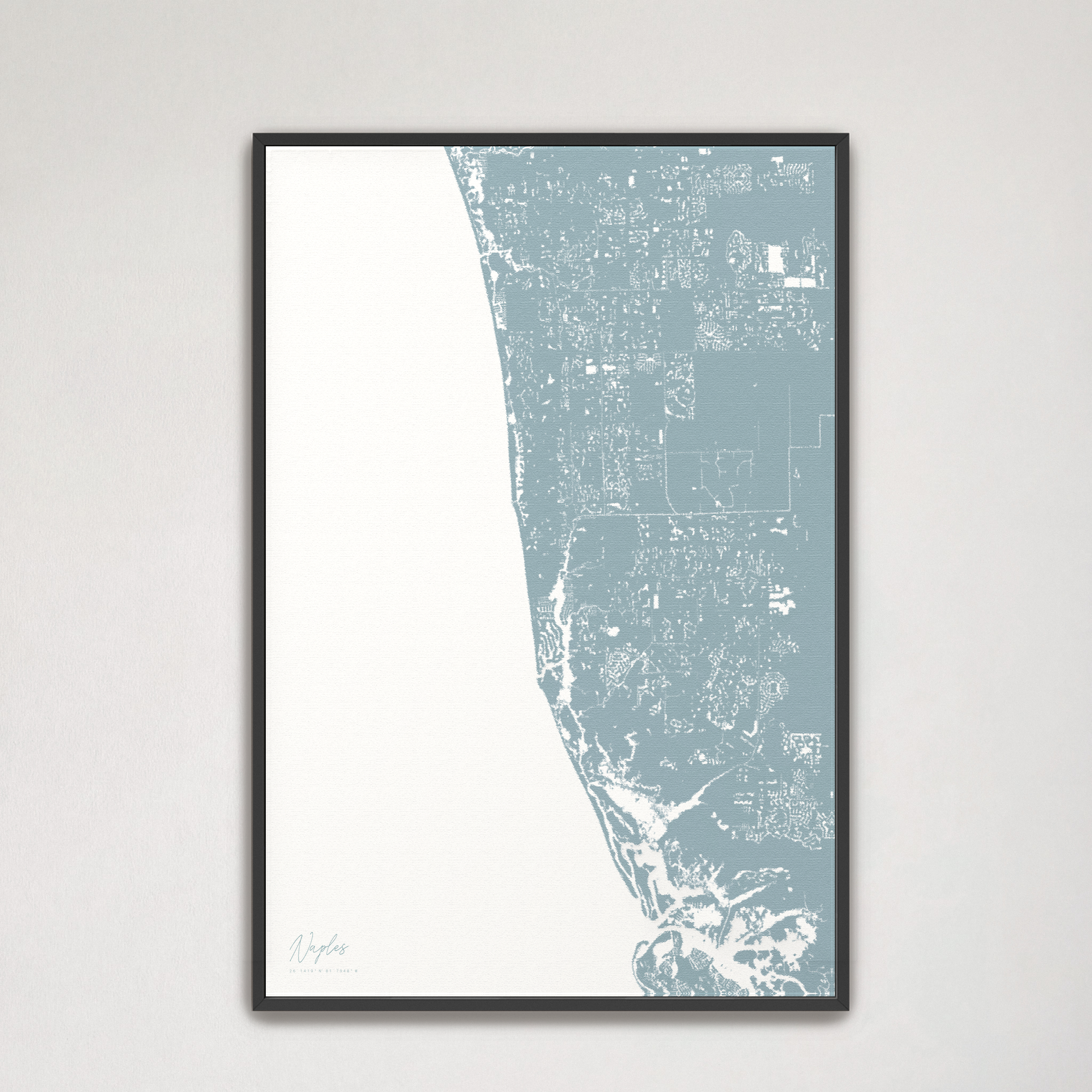 Naples Coastal Map — Canvas Vertical, soft-blue, Black Frame