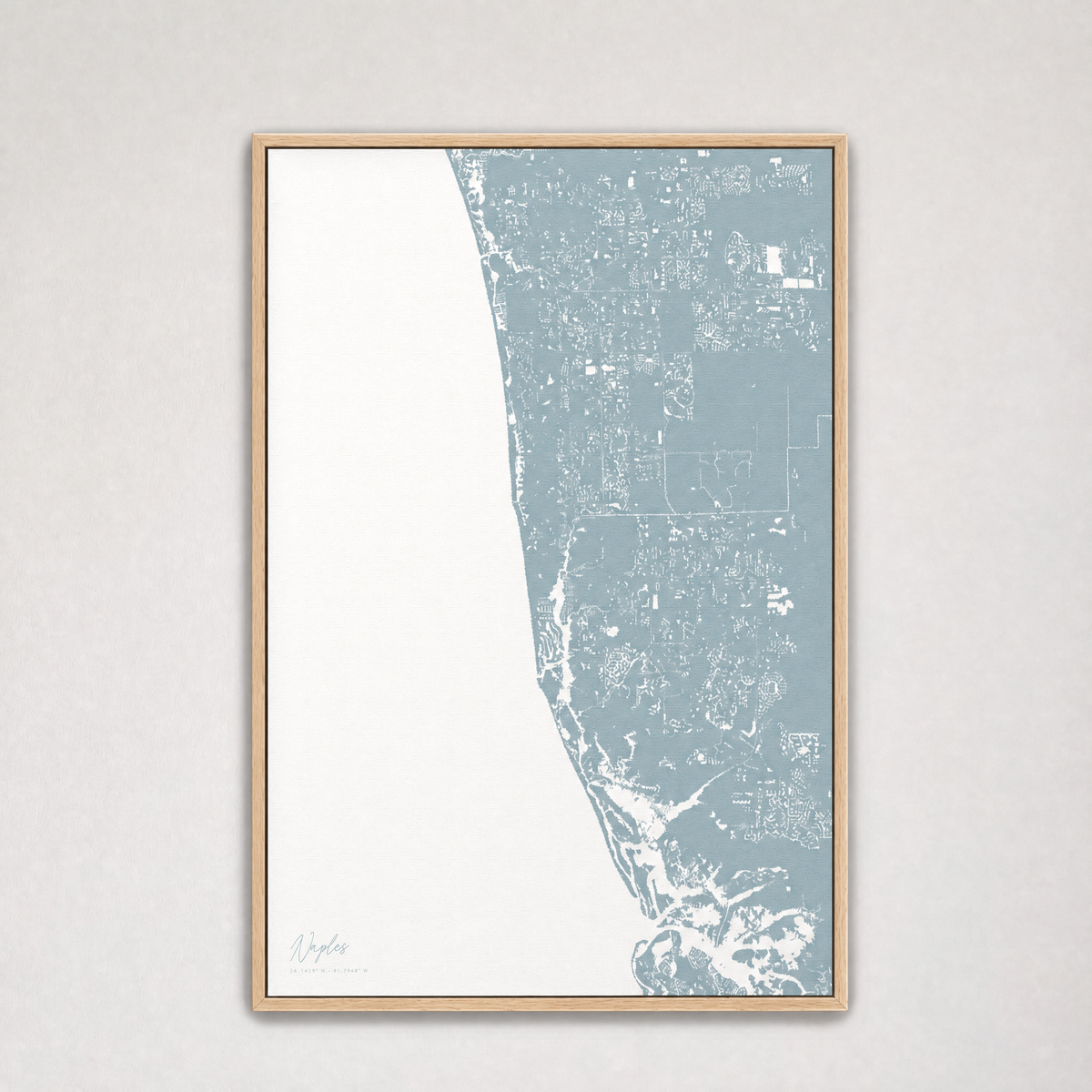 Naples Coastal Map — Canvas Vertical — soft-blue, Light Wood
