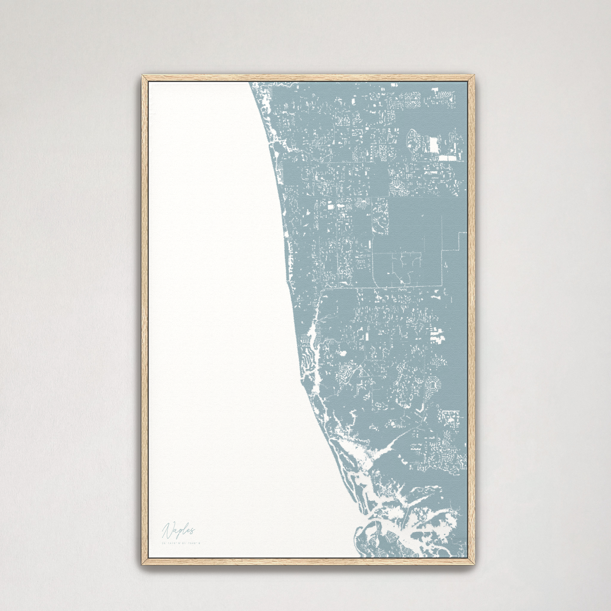 Naples Coastal Map — Canvas Vertical, soft-blue, Natural Oak