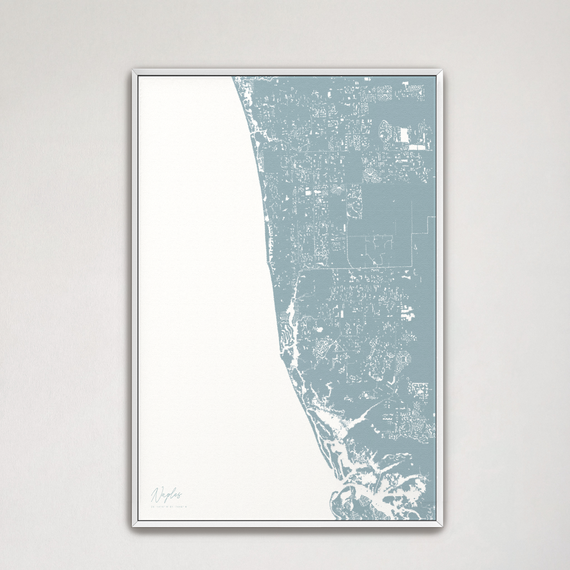 Naples Coastal Map — Canvas Vertical, soft-blue, White Frame