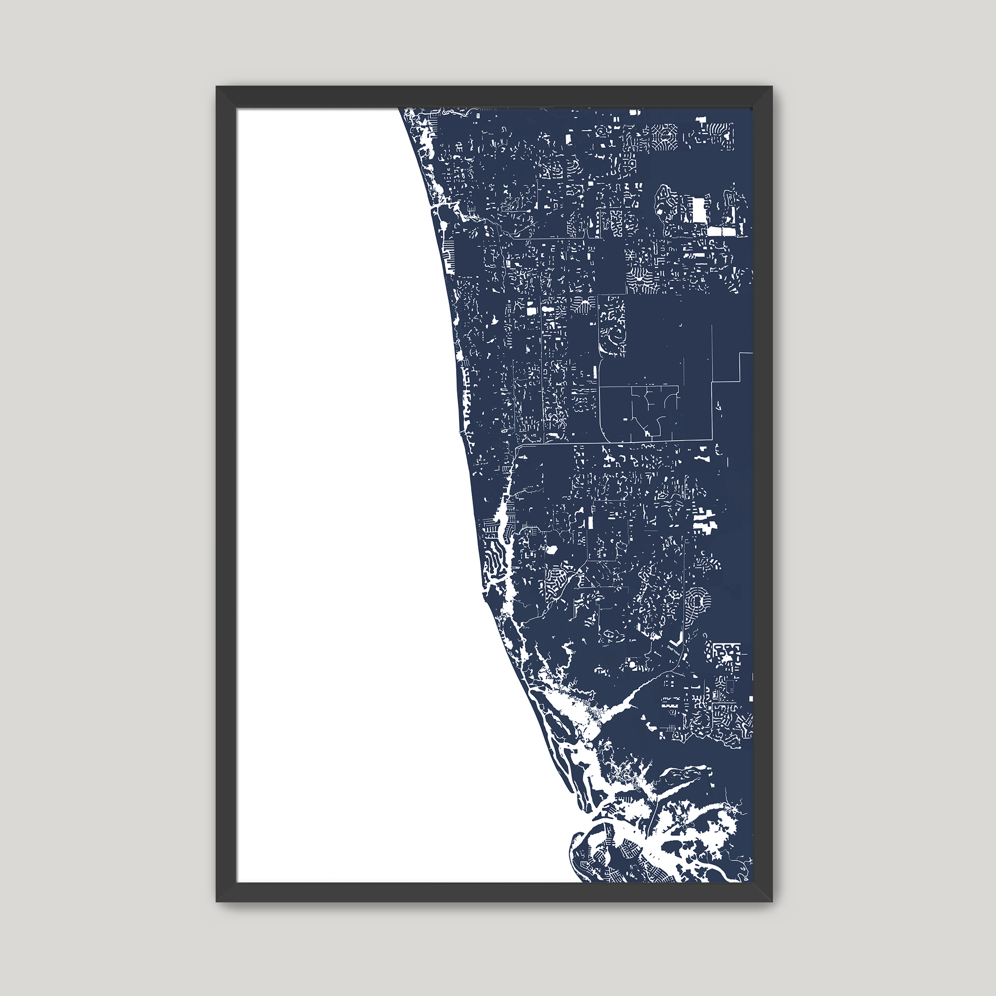 Naples Coastal Map — Fine Art Print Vertical, navy, Black Frame, 16x20
