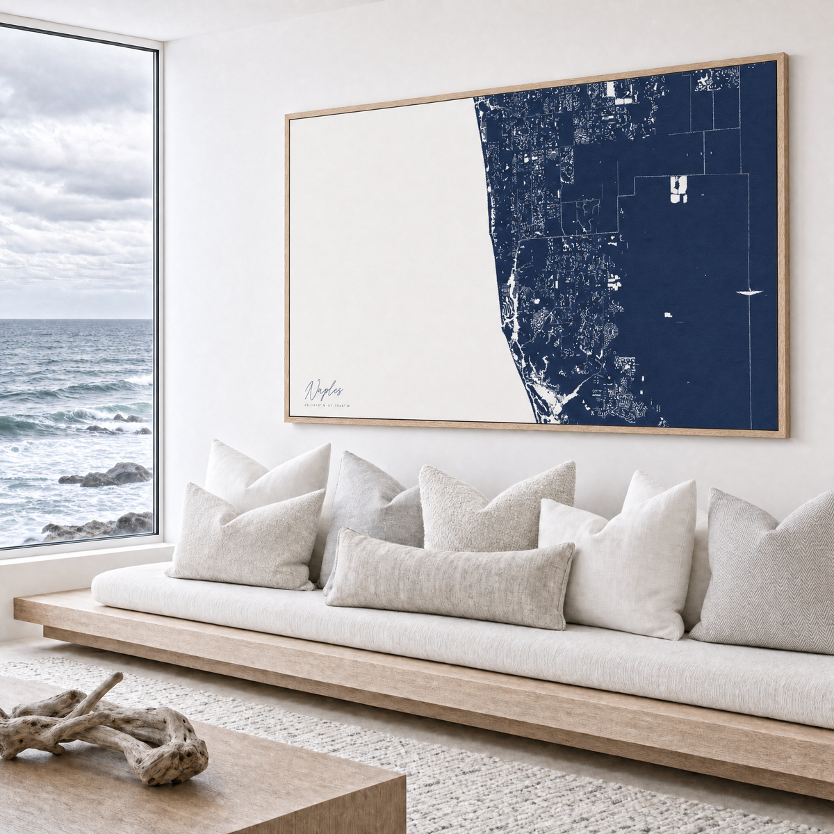 Naples canvas map — sea-view bench interior