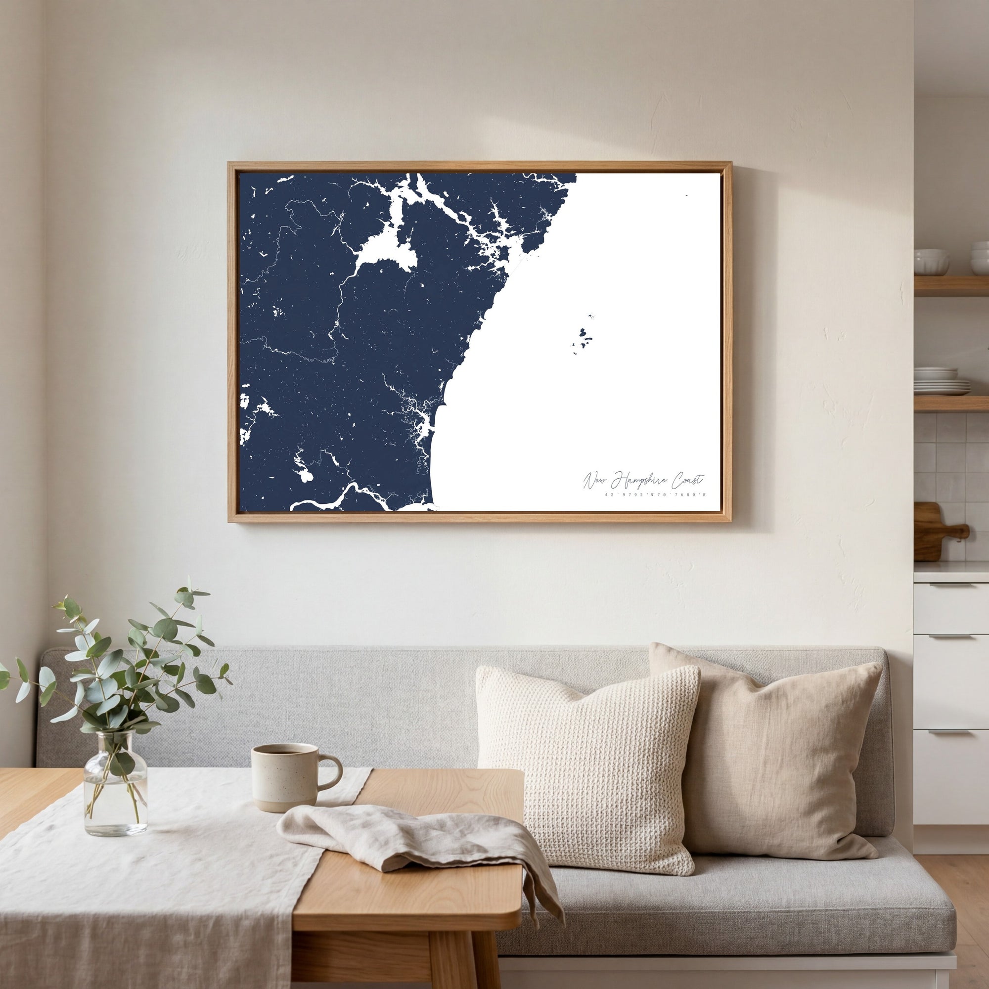 New Hampshire Coast navy horizontal canvas map in an oak framed room scene