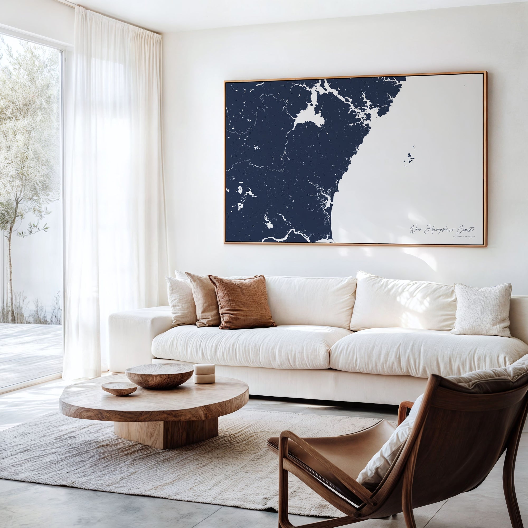 New Hampshire Coast navy horizontal canvas map in an oak framed room scene
