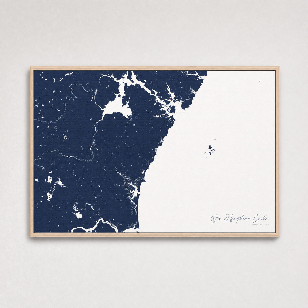 New Hampshire Coast Coastal Map — Canvas Horizontal — navy, Light Wood